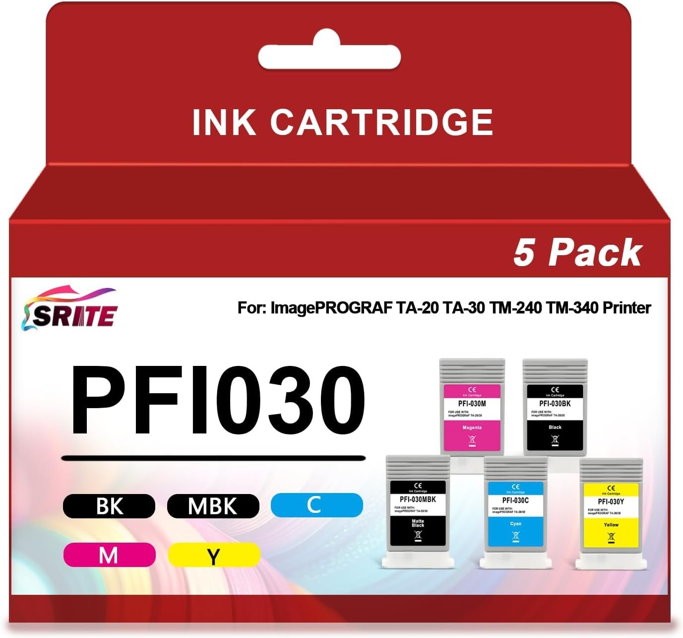 SRITE 5-Pack Ink Cartridges [BCMY+Matte Black] [Compatible with Canon] PFI030 BN