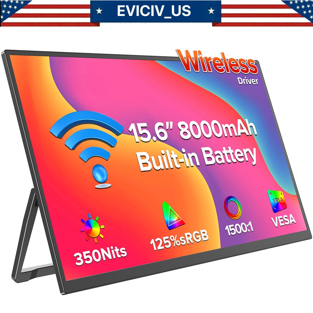 EVICIV 15.6'' Wireless 100%s RGB Portable Monitor USB C HDMI Screen For PC PS5 A