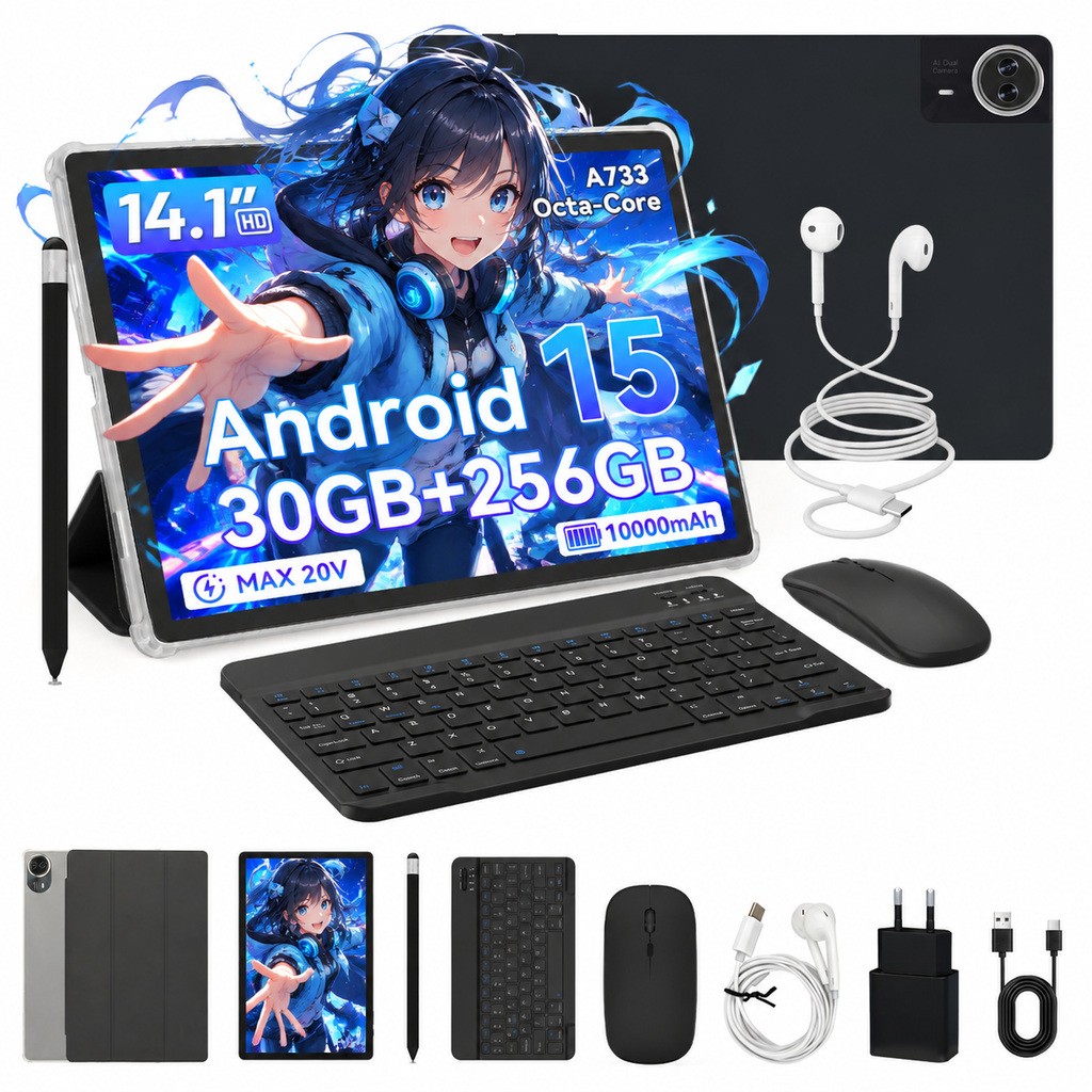 Android 15 Tablet 14.1 inch 1920x1200 FHD Display 30GB RAM 256GB Dual Camera