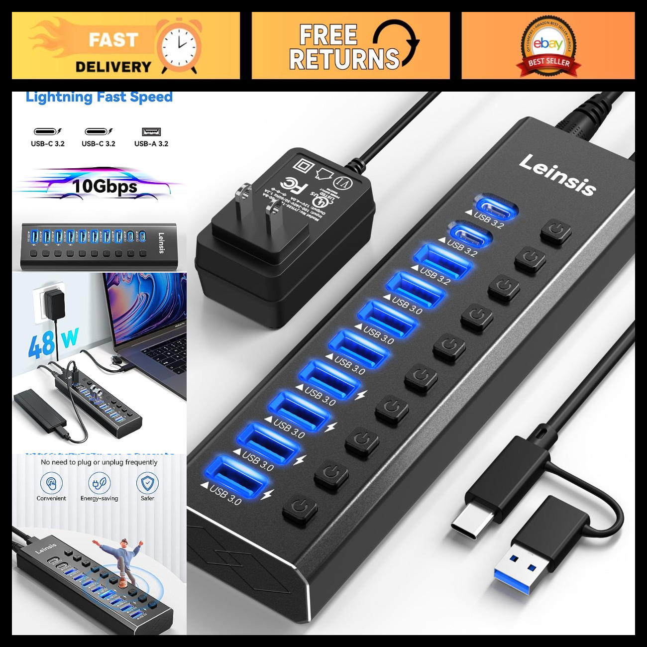 10-Port Powered USB Hub 3.2 - 10Gbps USB-A & USB-C with Switches & Adapter