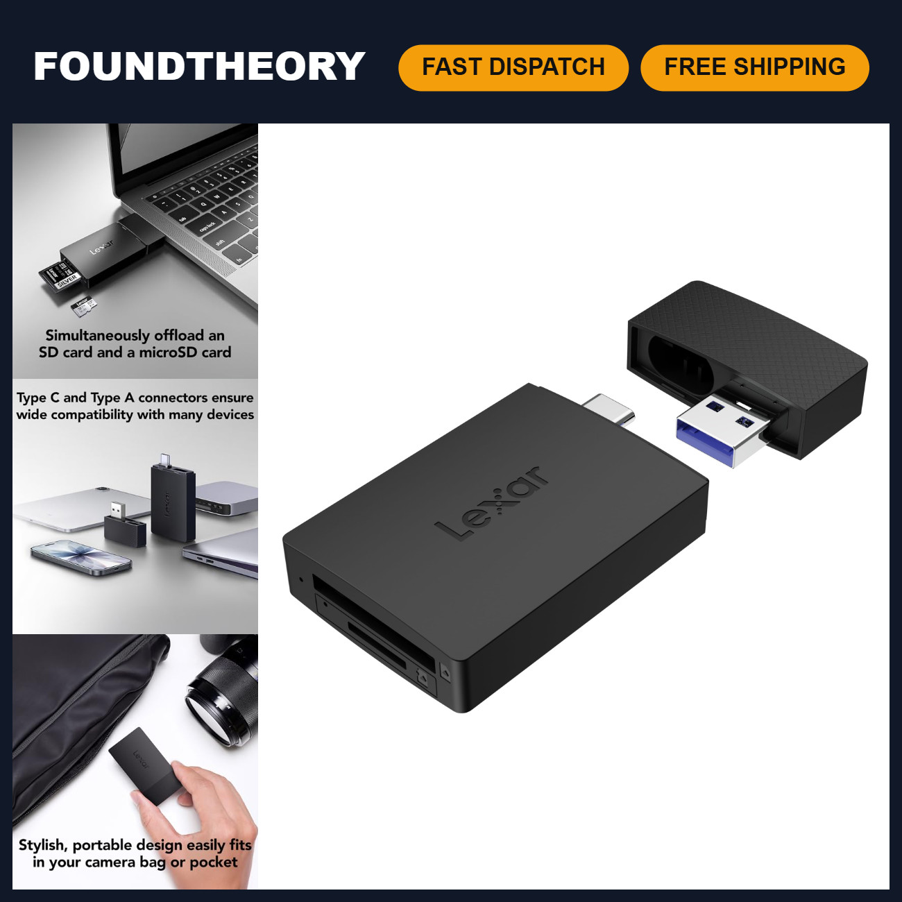 Dual Slot SD/Micro SD Card Reader, 255MB/s Speed, USB-A/C, USB 3.2 Compatible