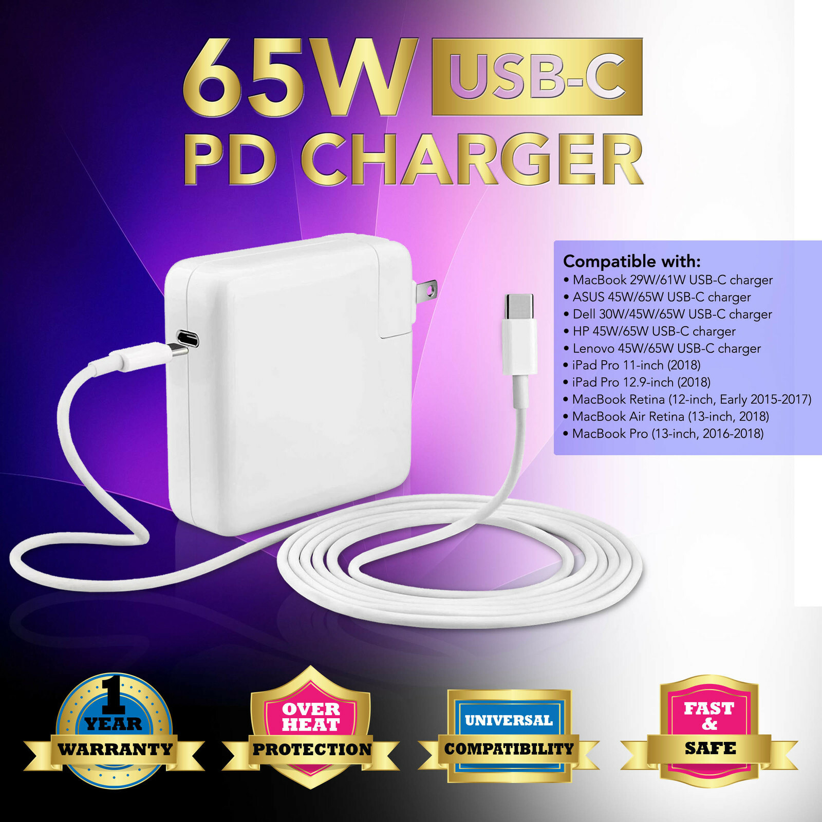 65W USB-C AC Power Adapter Charger For Dell XPS 12 9250 13 9350 9360 9365 9370
