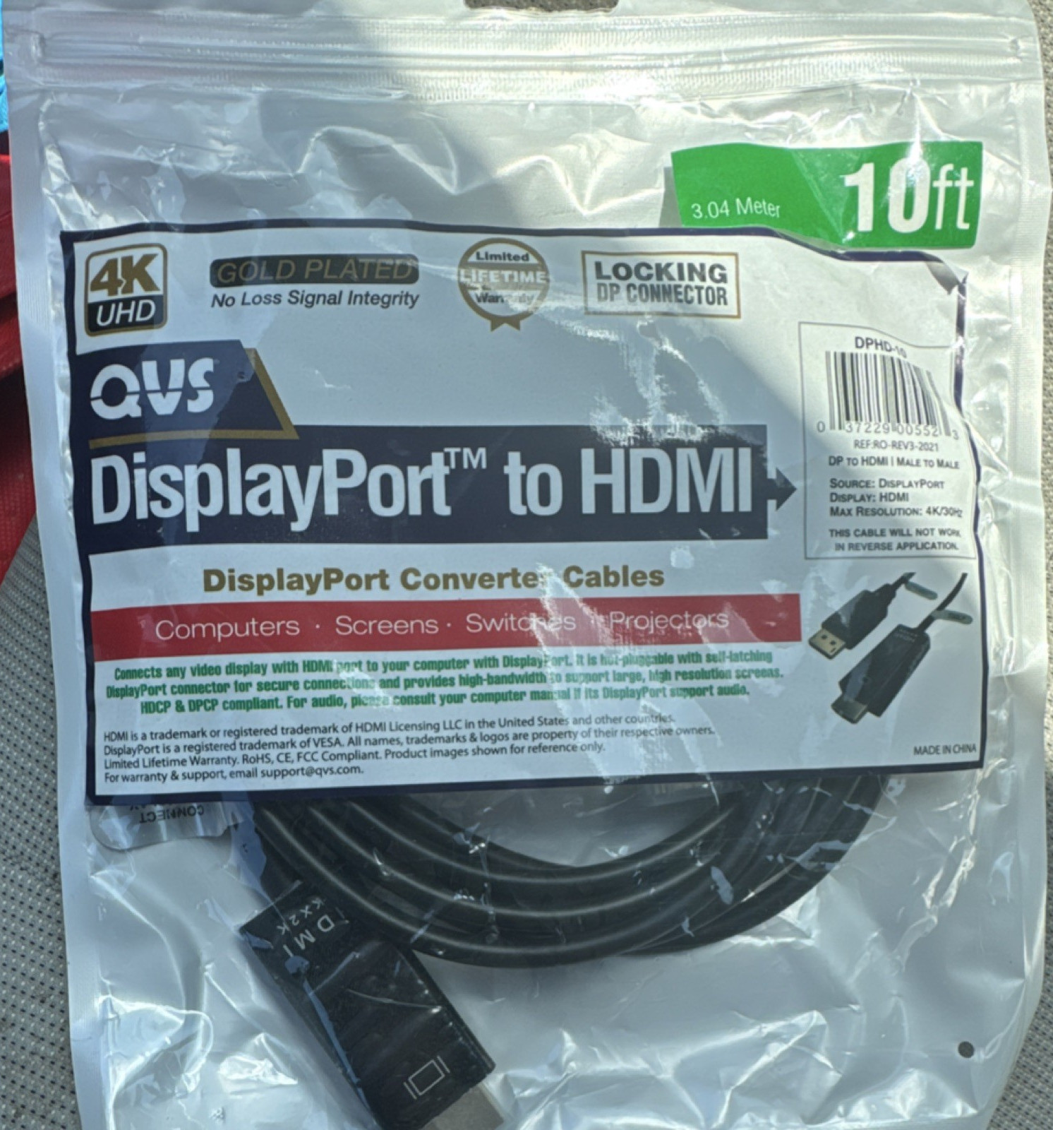 QVS DisplayPort Male to HDMI Male Conversion Cable 10 ft Black DPHD-10