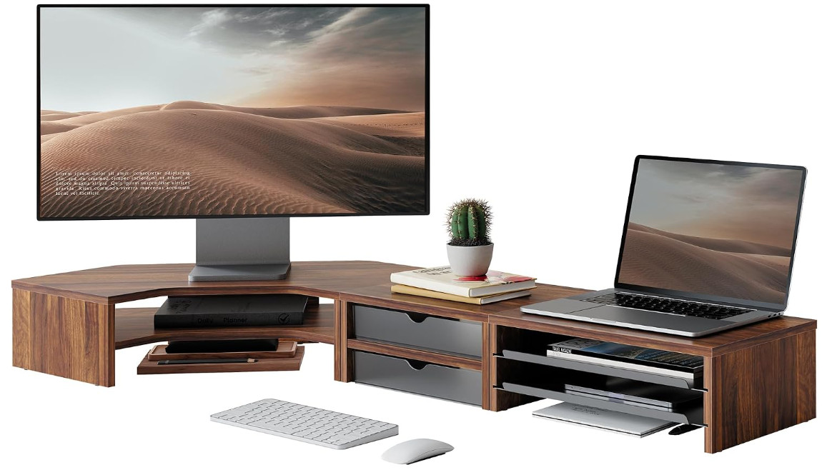 Soporte Modular para 2 Monitores con Cajón, Bandeja Extraíble y Estante de 2 Niv