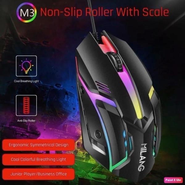 MILANG M3 Wired Optical Gaming Mouse RGB LED, Ergonomic, 3-Button Black