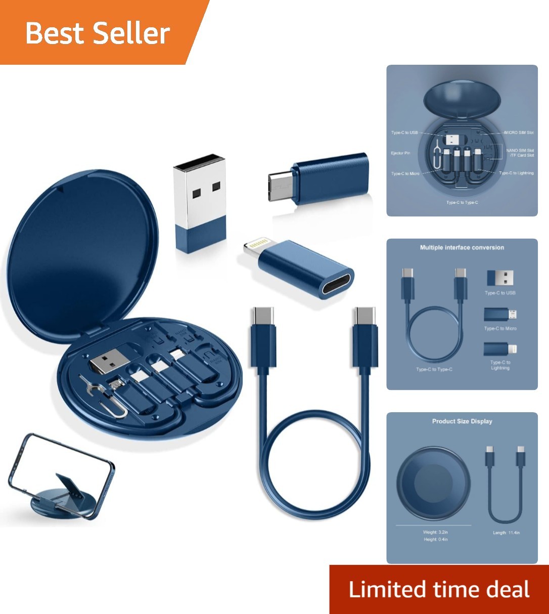 Multi-Device USB C Adapter Kit with SIM Storage & Phone Stand for Travel - Blue