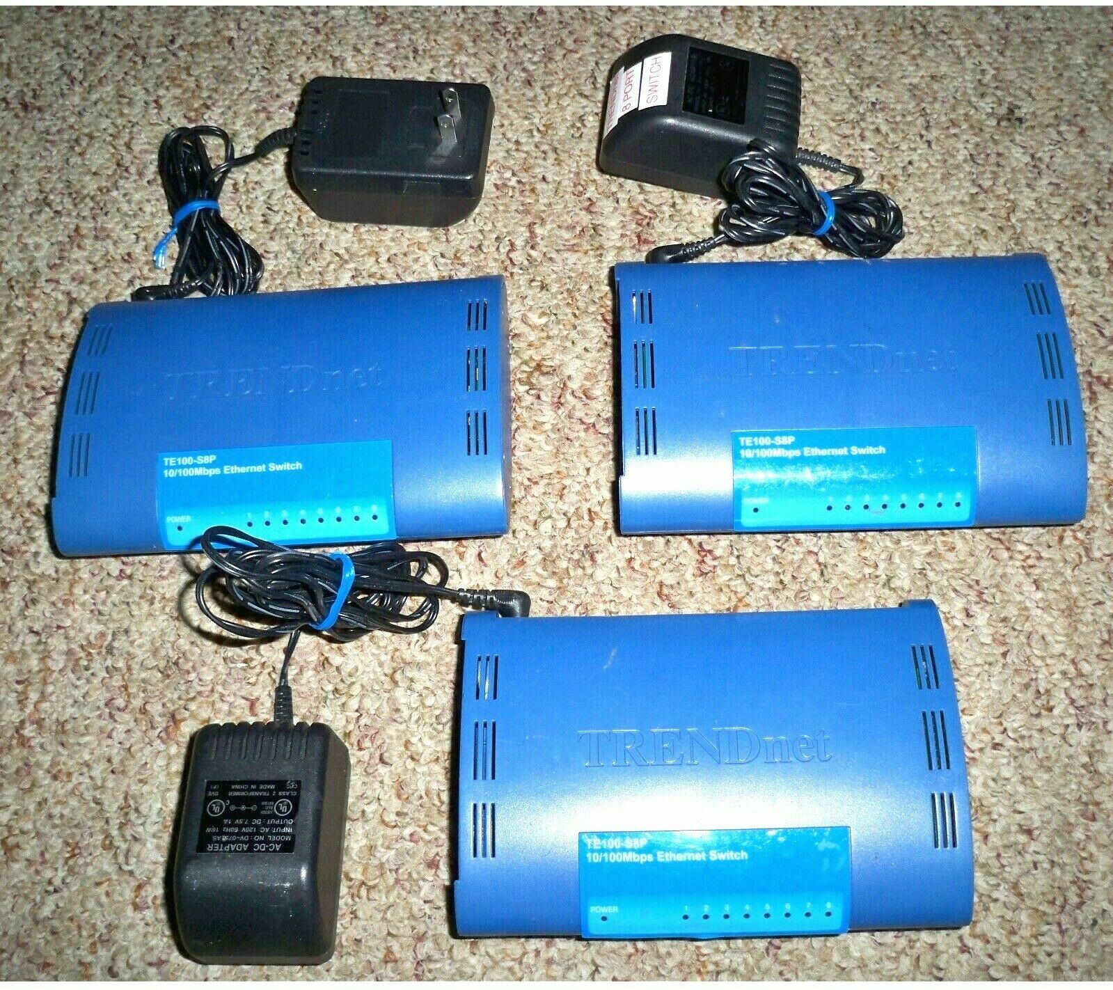 (3) TRENDNET TE100-S8P 10/100Mbps 8 PORT ETHERNET SWITCHES w/POWER ADAPTERS 