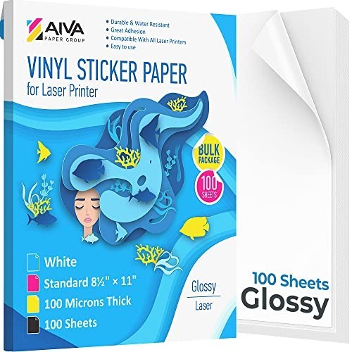 Printable Vinyl Sticker Paper, 100 Sheets, Glossy White, 8.5"x11" Laser Printer