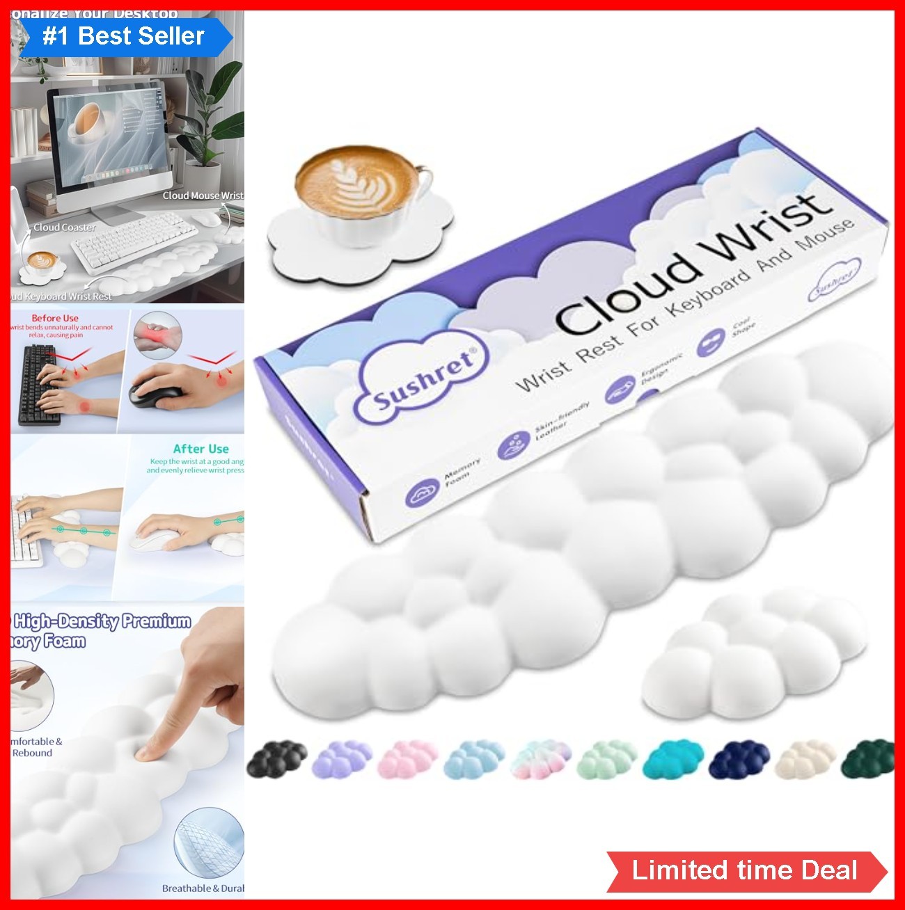 Cloud Wrist Rest Set Memory Foam Leather Mouse Pad Coaster Ergonomic Palm