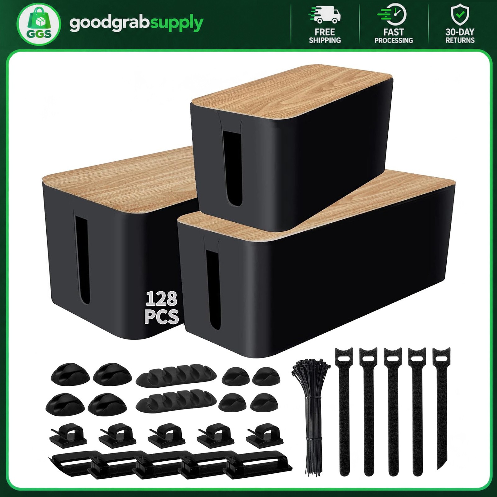 Cable Management Box Set 3 Pack with Ties and Clips for Power Strips