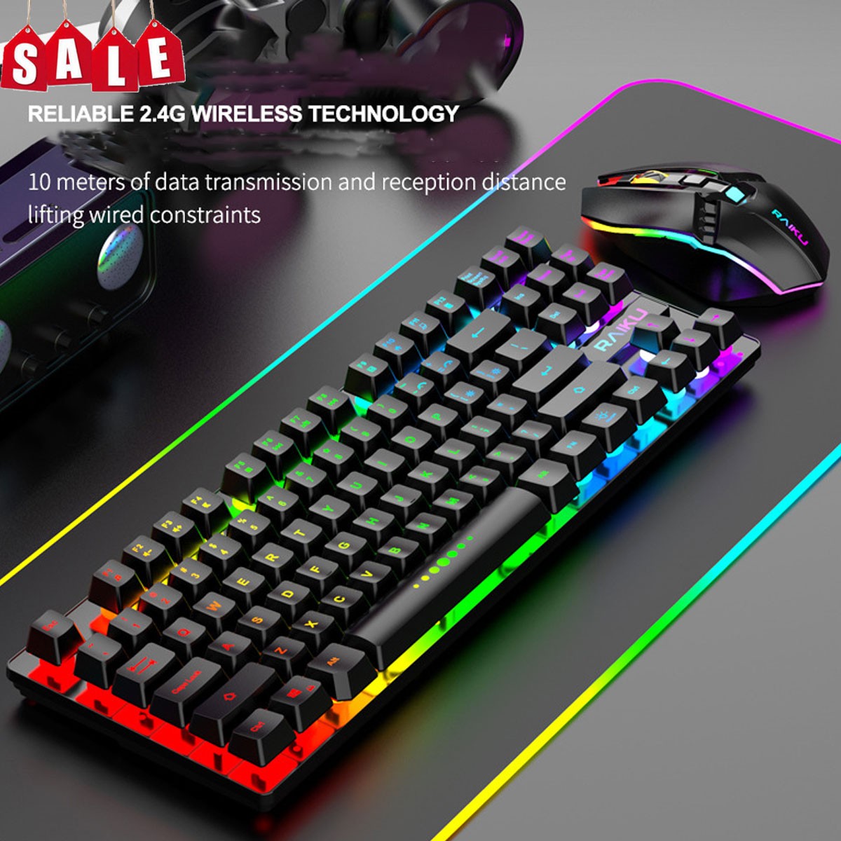 Wireless Keyboard and Mouse Combo Rechargeable, RGB Backlit 87 Keys Rainbow