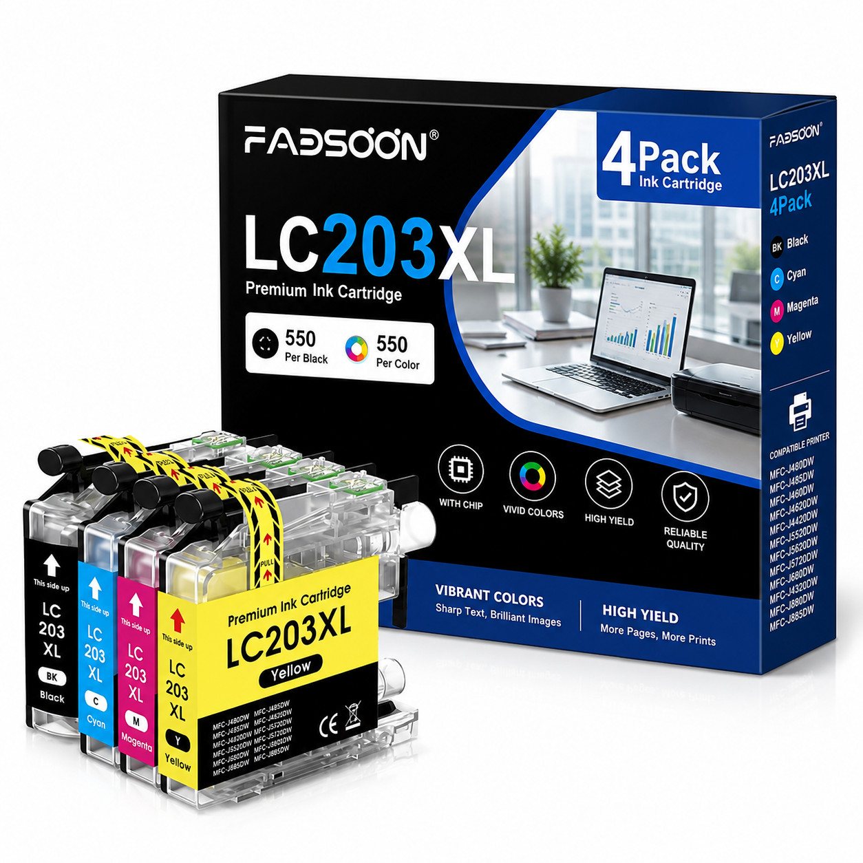 FADSOON® LC203XL-4PK (BK/C/M/Y) Compatible for MFC J460DW J480DW J485DW J680DW
