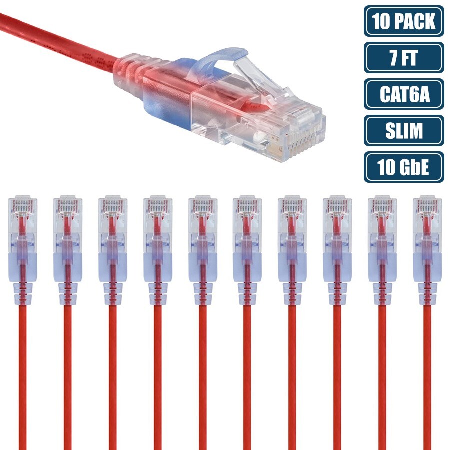 10 Pcs 7FT Slim CAT6A RJ45 Ethernet LAN Network UTP Patch Cable Cord 30AWG Red