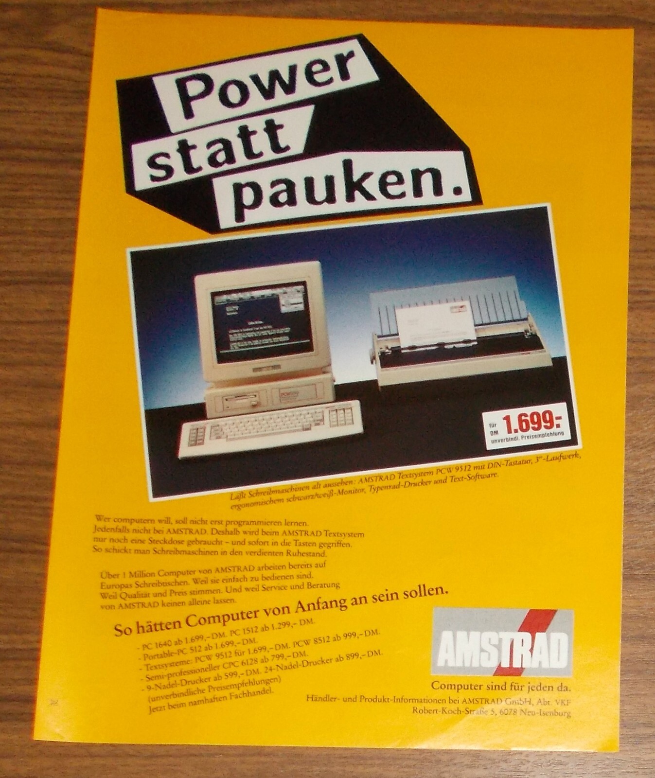 Rare Advertising AMSTRAD PCW 9512 Text System Personal Computer 1988