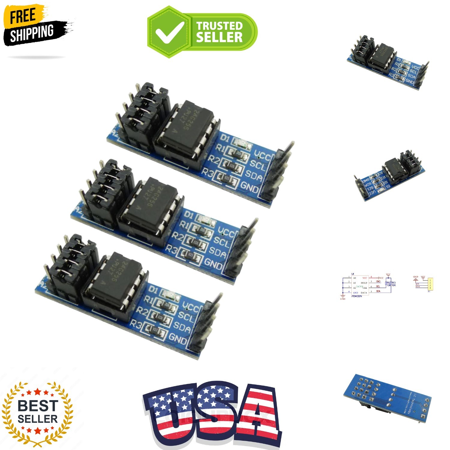 3PCS EEPROM Memory Module AT24C256 Chip I2C Serial Interface Data Storage Mem...