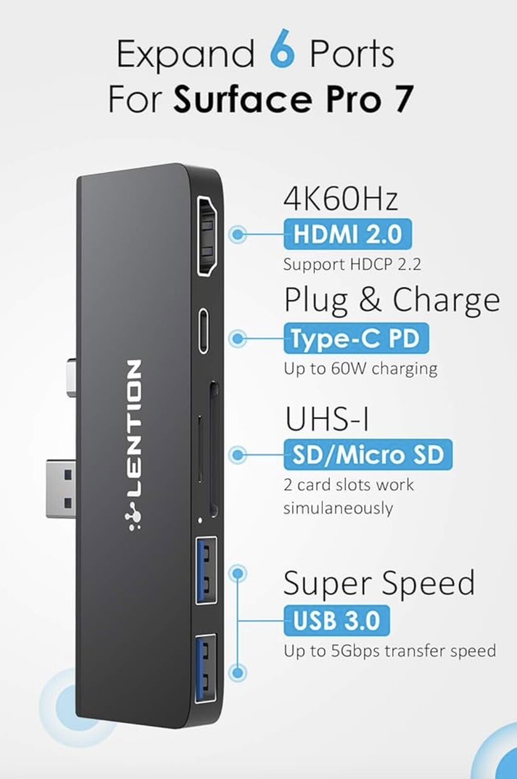 SIX Lention 6-in-1 USB-C Dock/hub Microsoft Surface Pro 7 HDMI USB 3.0 SD CS34