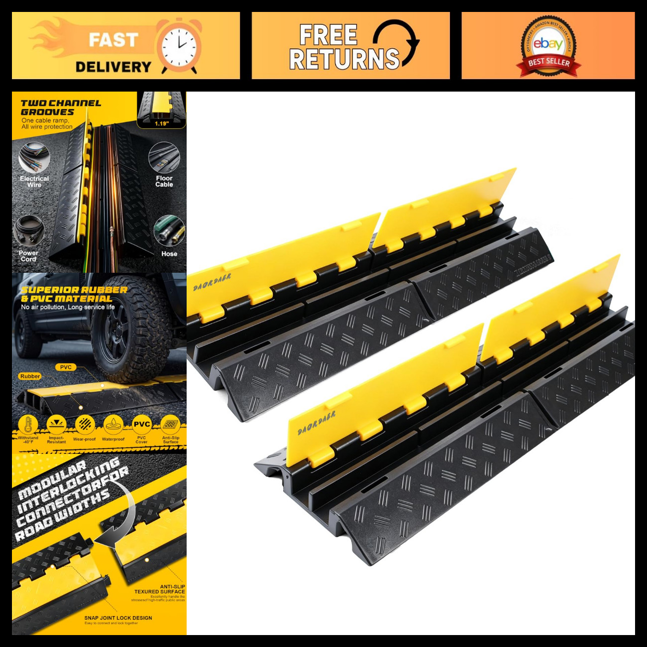 2 Channel Rubber Cable Ramp Protector - 22000 LBS Load Capacity, Speed Bump, 2 P