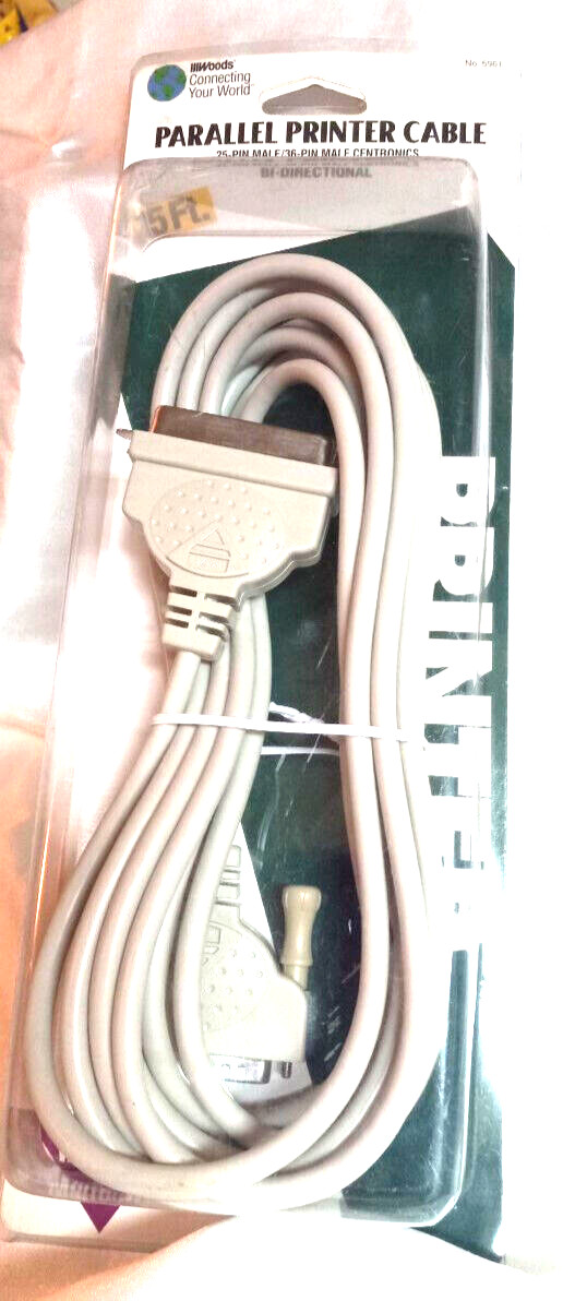 Woods 5ft Parallel Printer Cable Vintage Bi-Directional IEEE 1284 Computer Cable