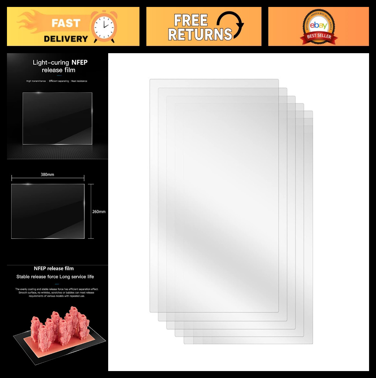 5PCS NFEP Film for Resin 3D Printers, 12.8''-13.6'' Release Film, 380x260mm