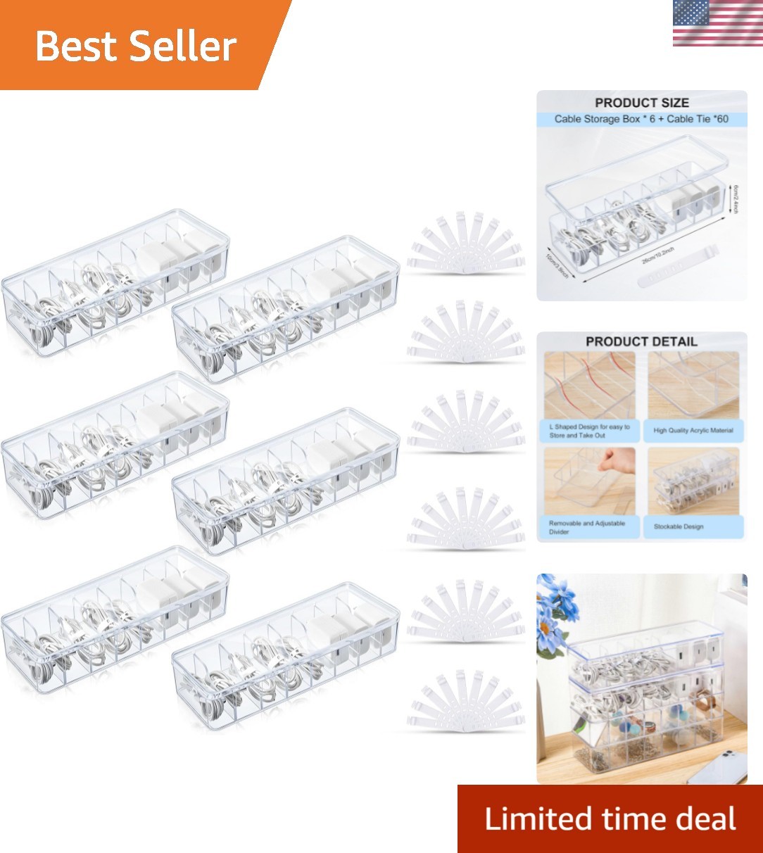 6 Pcs Clear Cable Organizer Box Set with 60 Wire Ties - Adjustable & Compact