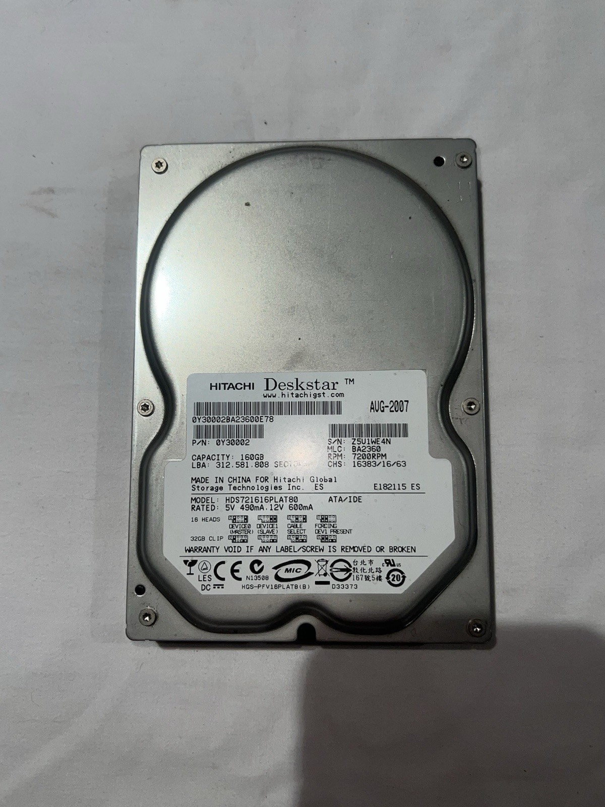 Hitachi Deskstar 7K160, 160GB, 7200 RPM, ATA/IDE hard drive