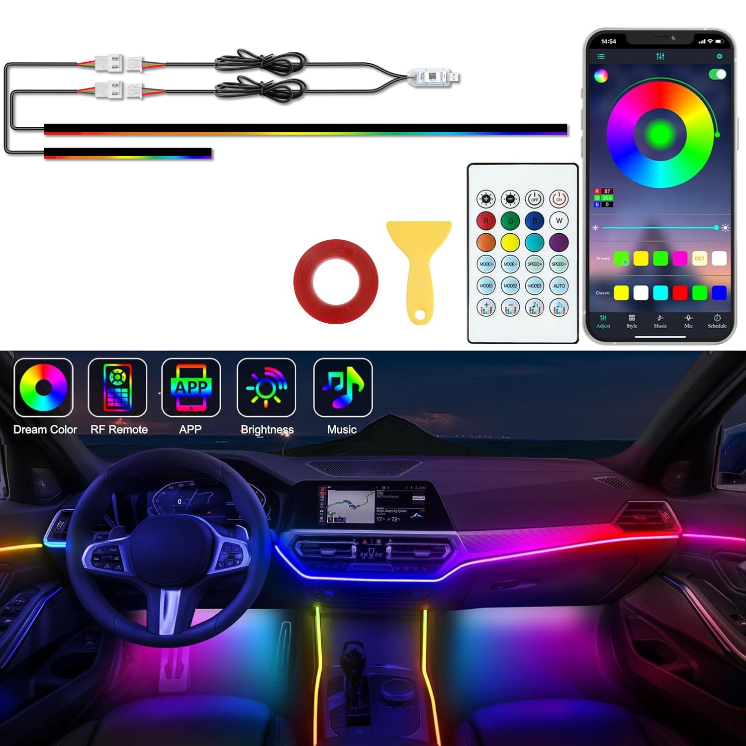 2-in-1 Car Interior Fantasy LED, App Controlled RGB,Magic Glow,Music Active, USB