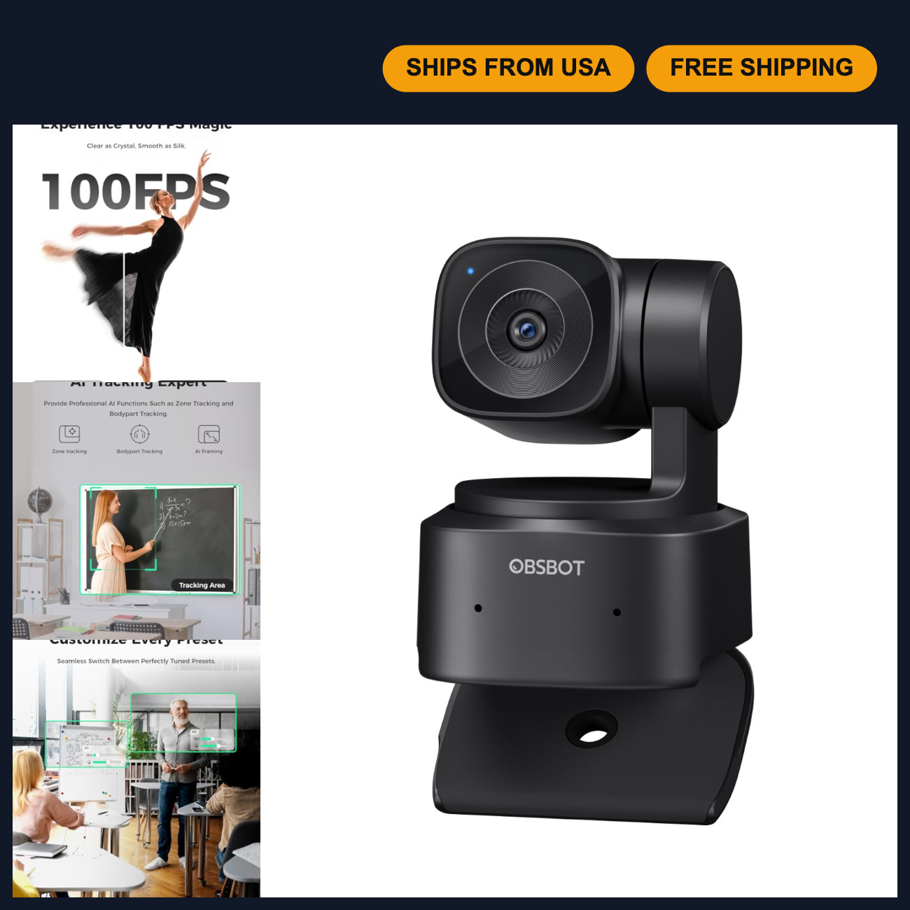 1080P 100FPS AI Tracking Webcam for PC, PTZ Streaming Camera, Video Conferencing
