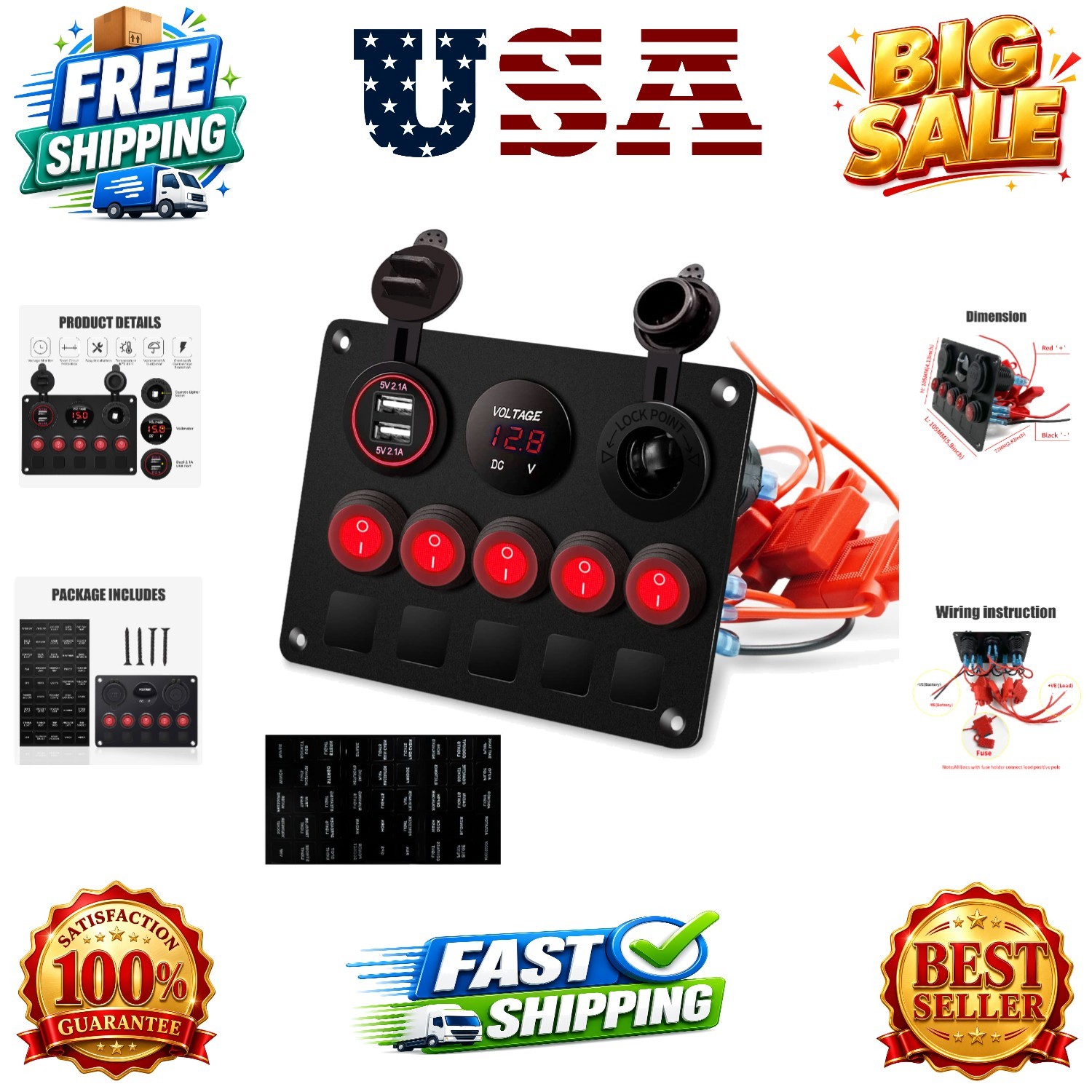 5 Gang Rocker Switch Panel with Dual USB Slot Socket 5V 4.2A + Cigarette Ligh...