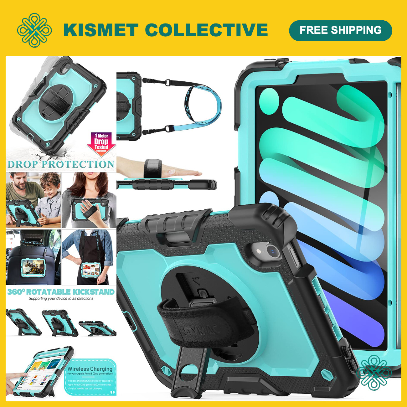 iPad Mini 7/6 Case with Screen Protector, 360° Rotating Hand Strap & Stand, Drop