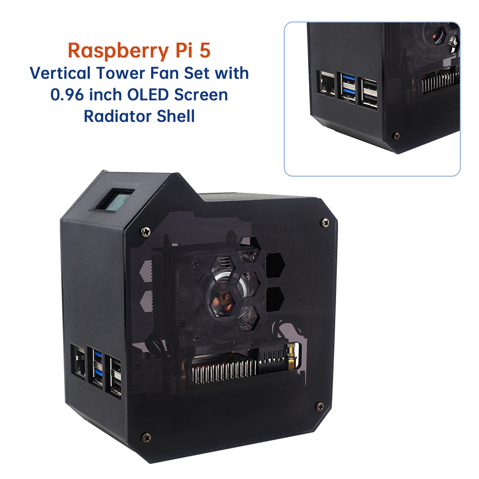 Raspberry Pi 5 Vertical Tower Fan Set with 0.96inch OLED Screen Radiator Shell