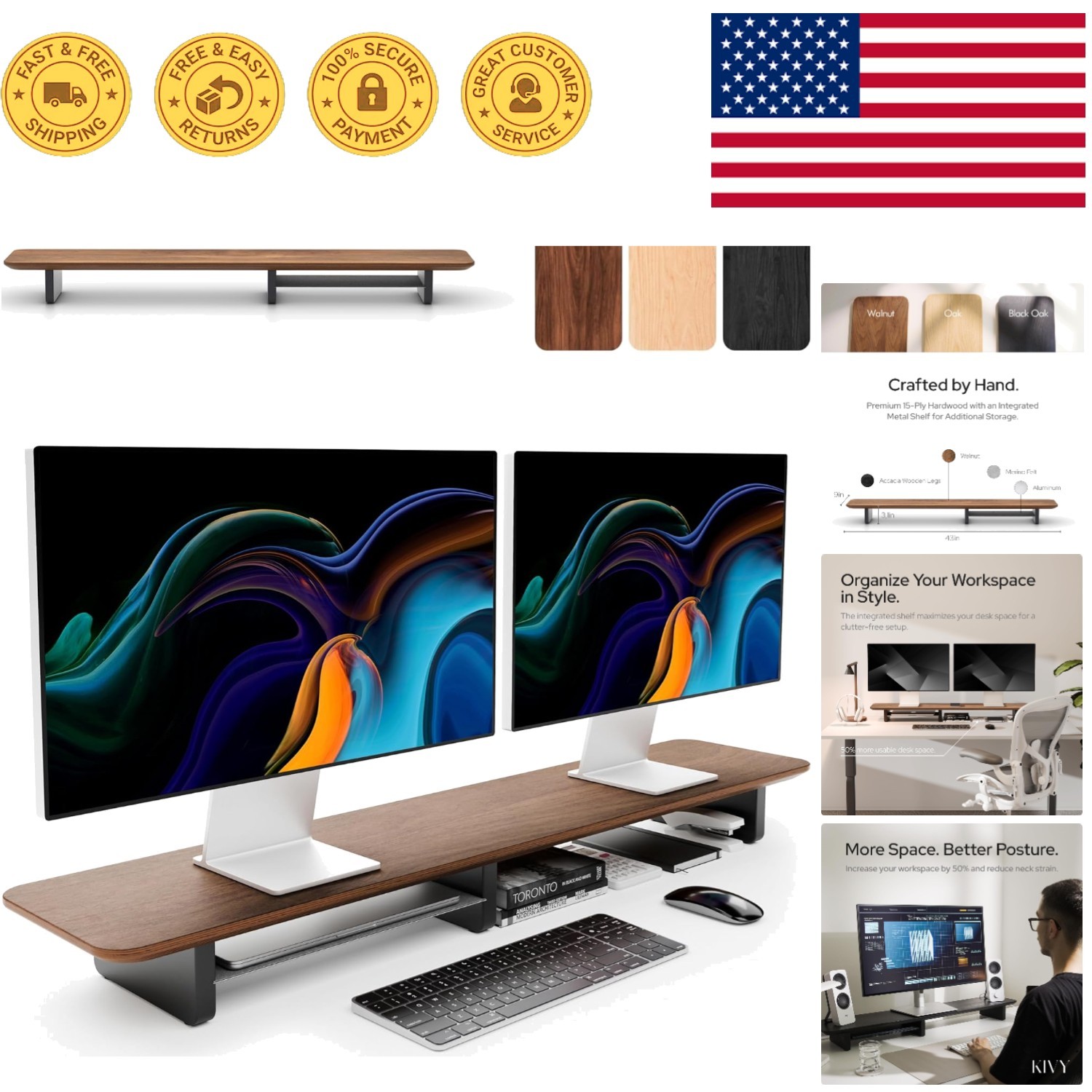 Elegant Walnut Dual Monitor Riser with Integrated Metal Shelf - Ergonomic Design