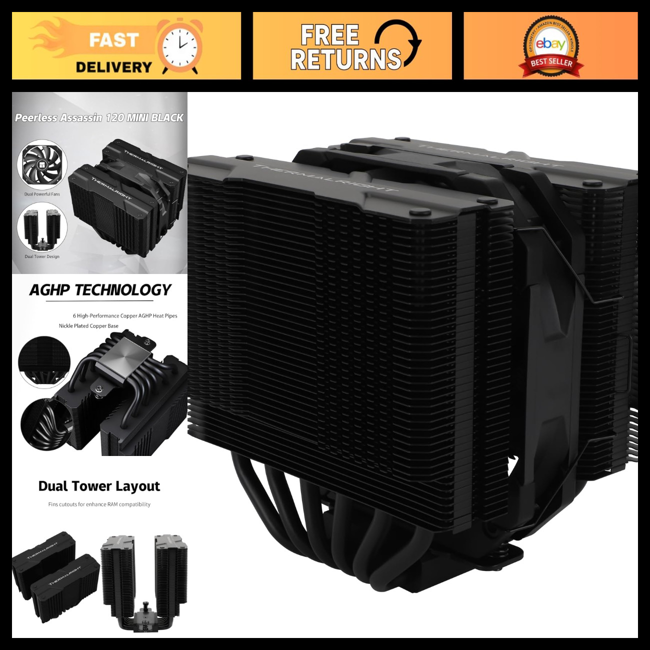 High-Performance CPU Air Cooler, 6 Heat Pipes, Dual Tower Design, PWM Fans for I