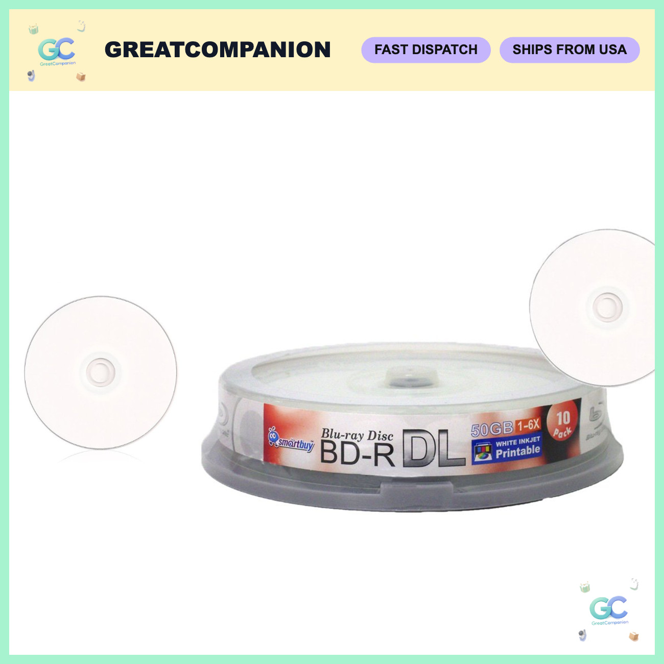 50GB 6X Blu-ray BD-R DL Printable Discs - White Inkjet Hub (10 Pack)