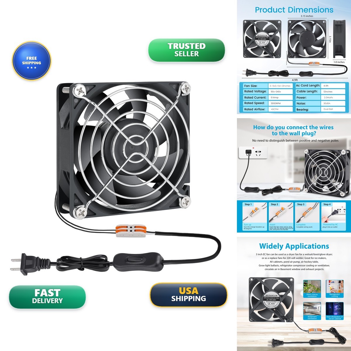 KEYFANCLUB EC Muffin Fan 110v 120v 220v 3 Inch Fan AC Plug Electronic Cooling