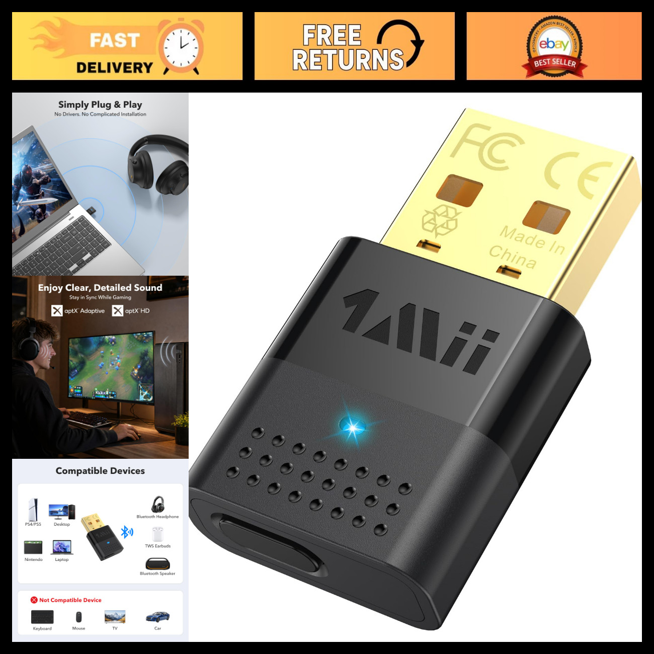Bluetooth Audio Adapter for PS5 & PC, aptX Low Latency, Wireless Gaming Sound