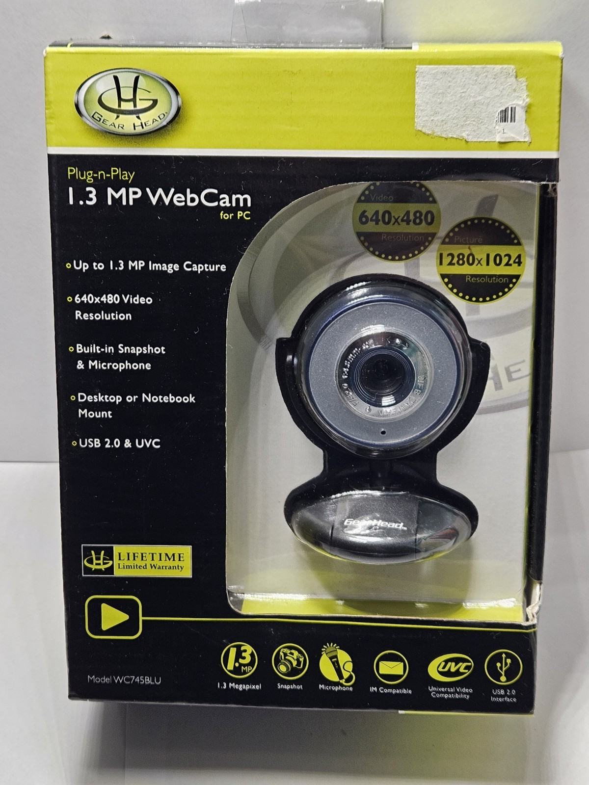Plug-N-Play Web Cam For PC Gear Head 1.3 MP Black USB 2.0 Connect NIB Tech New
