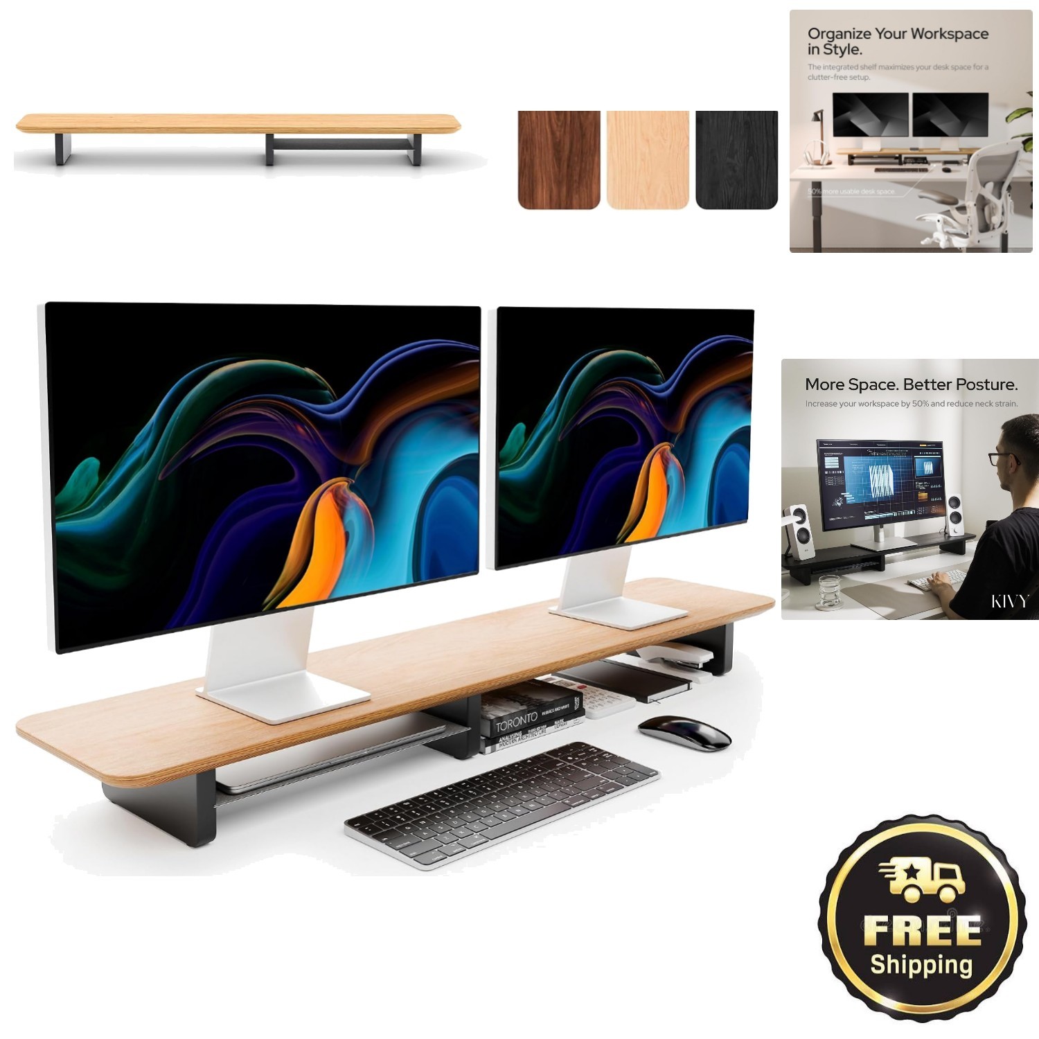 Elegant Oak Dual Monitor Riser with Integrated Metal Shelf - Ergonomic Design