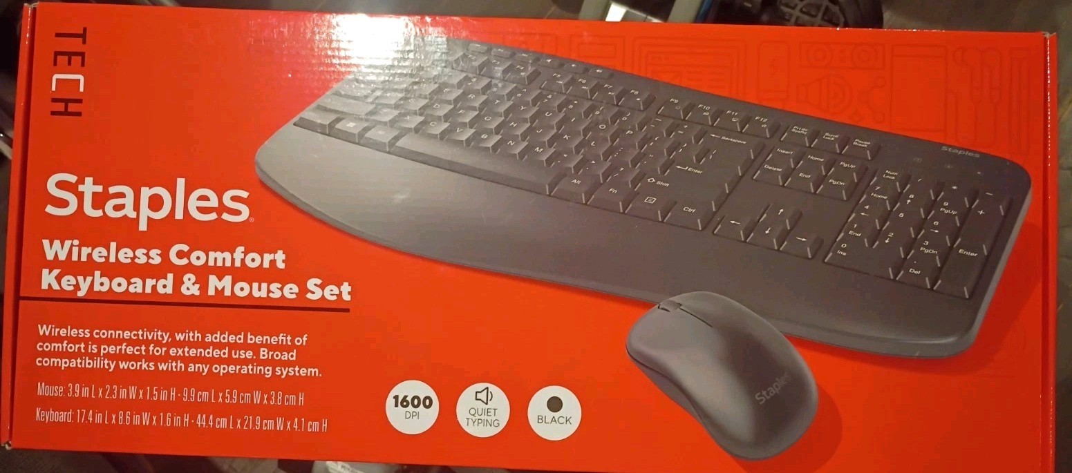 NIB Staples TECH COMFORT Wireless Keyboard Mouse Combo Quiet Optical Mouse BlaCK