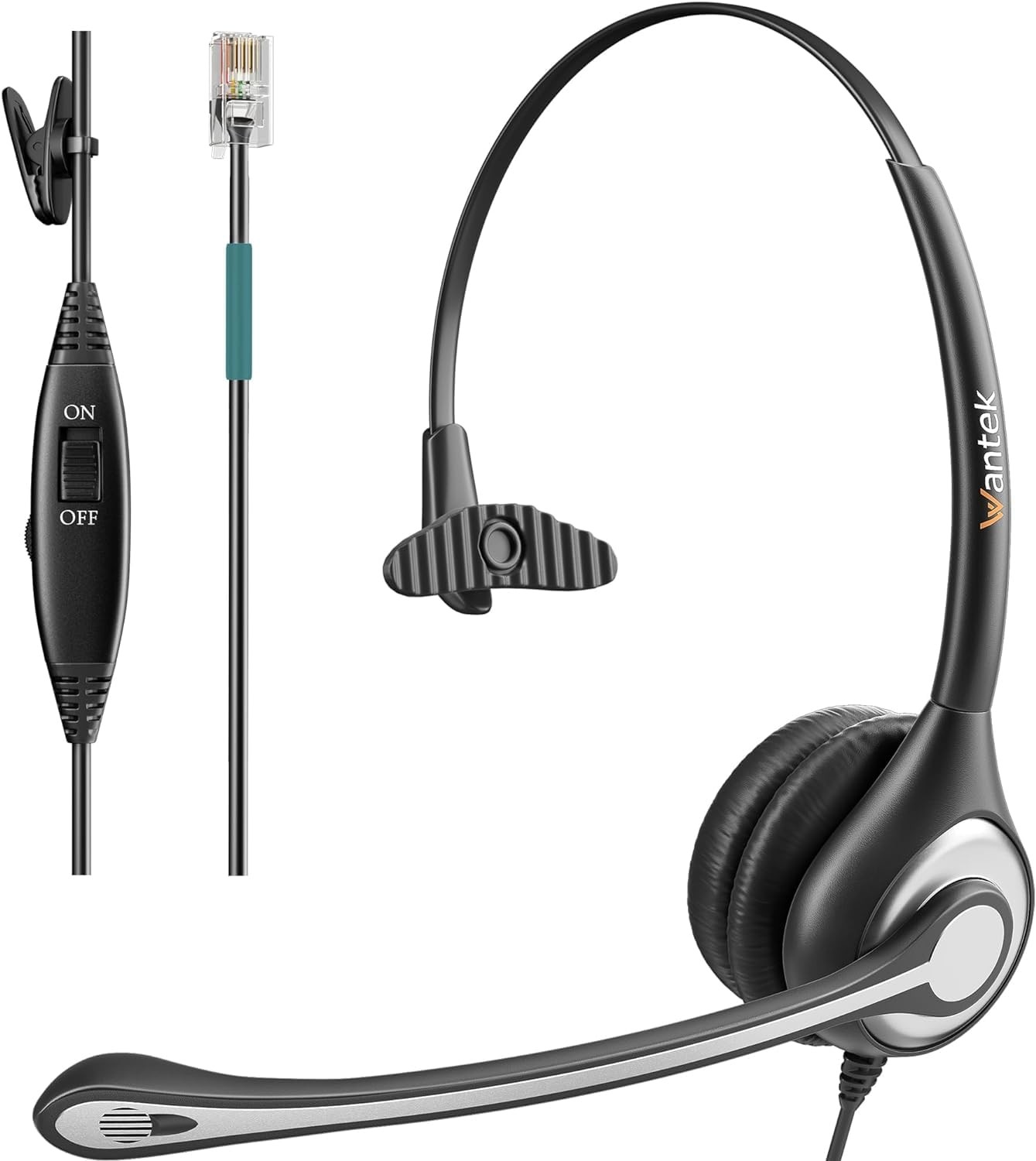 Wantek Single-Ear Desk Phone Headset RJ9 Wantek-600-RJ1 Black/Silver