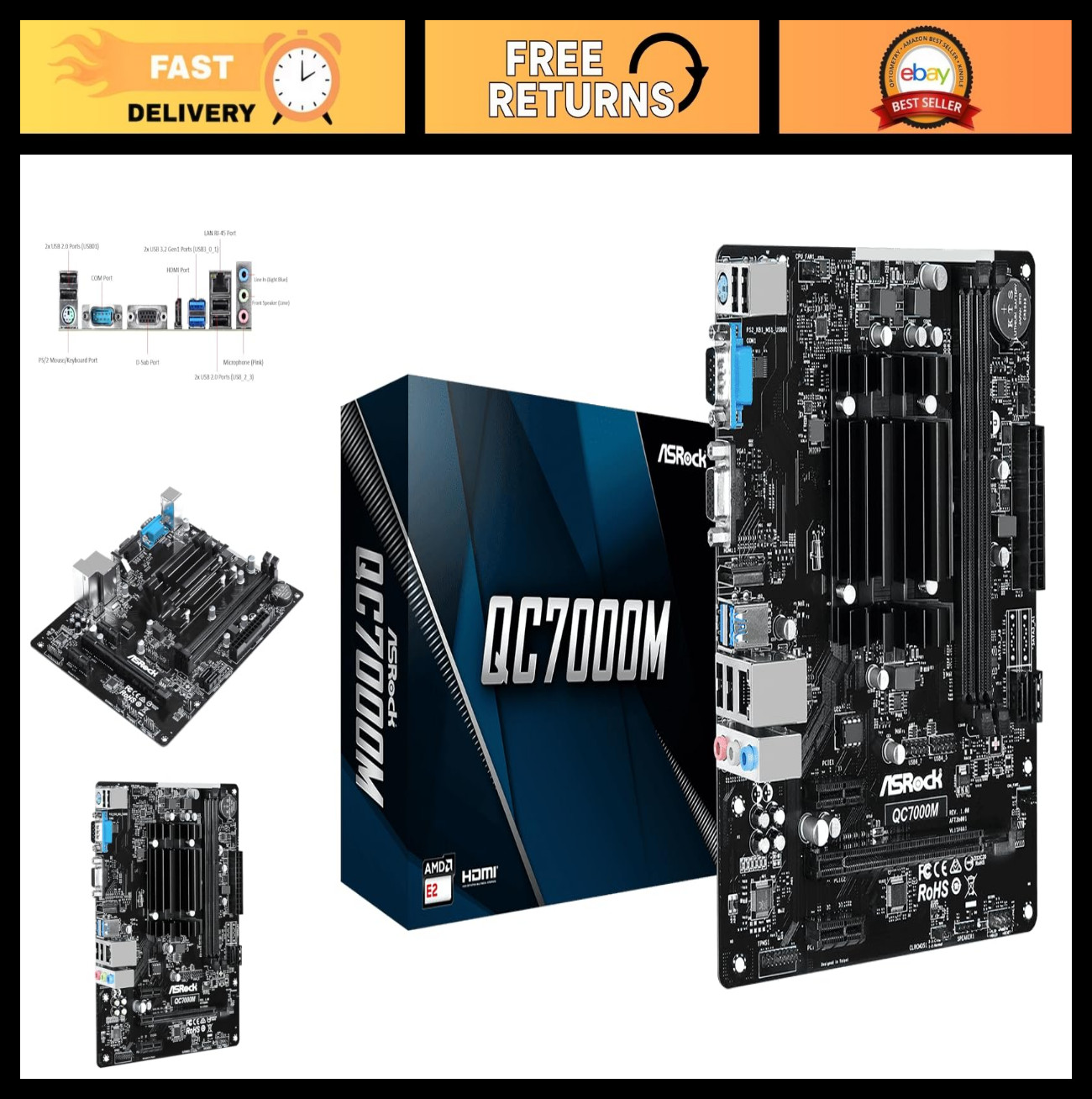 Quad-Core APU Motherboard E2-7110, DDR3 1600, HDMI, USB 3.2, SATA3, Gigabit LAN