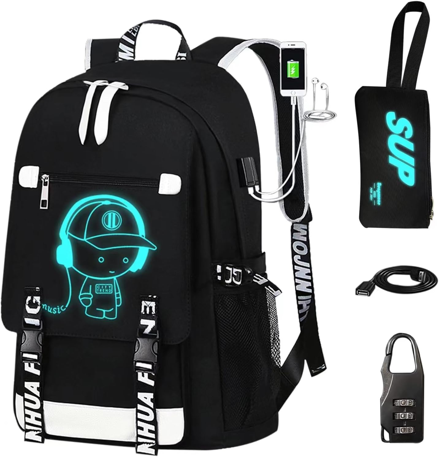 Luminous Travel Backpack Adjustable Waterproof Laptop Backpack w/ Charging  Port