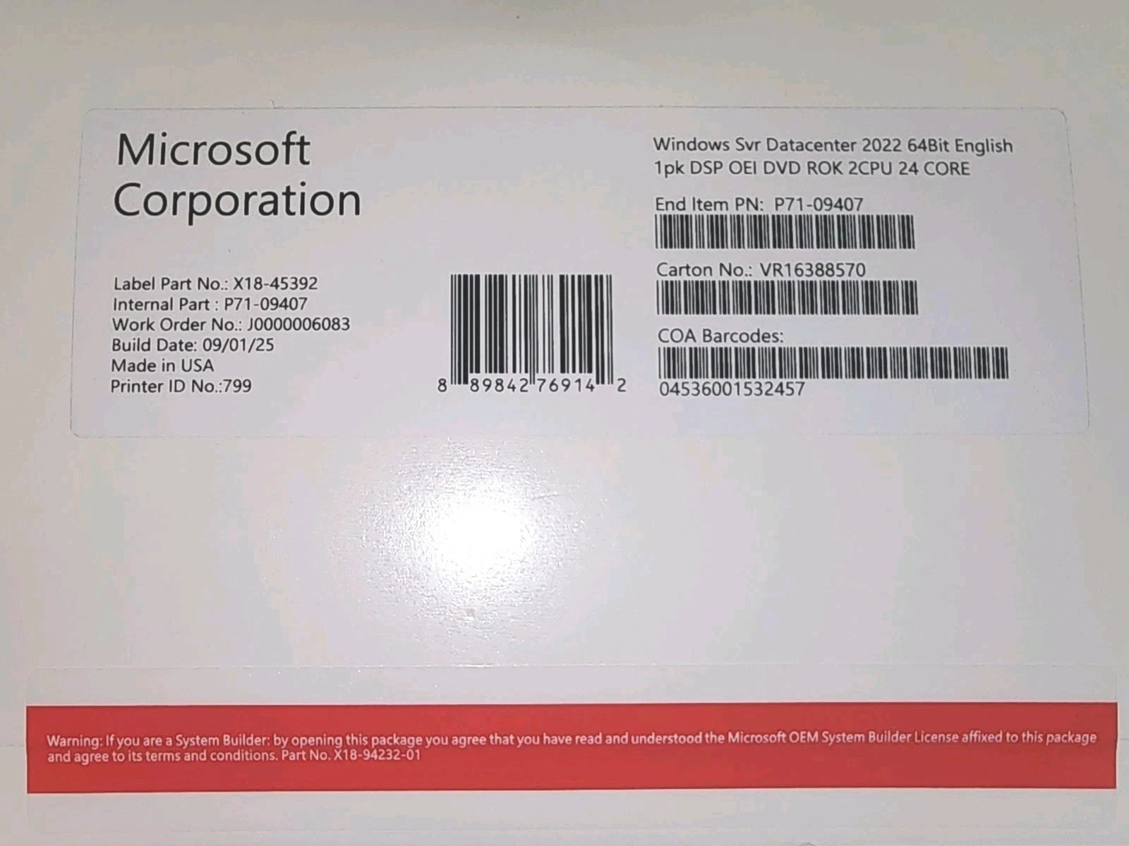 Windows Server 2022 Datacenter - 24 Core Genuine License, DVD/COA (Authentic)