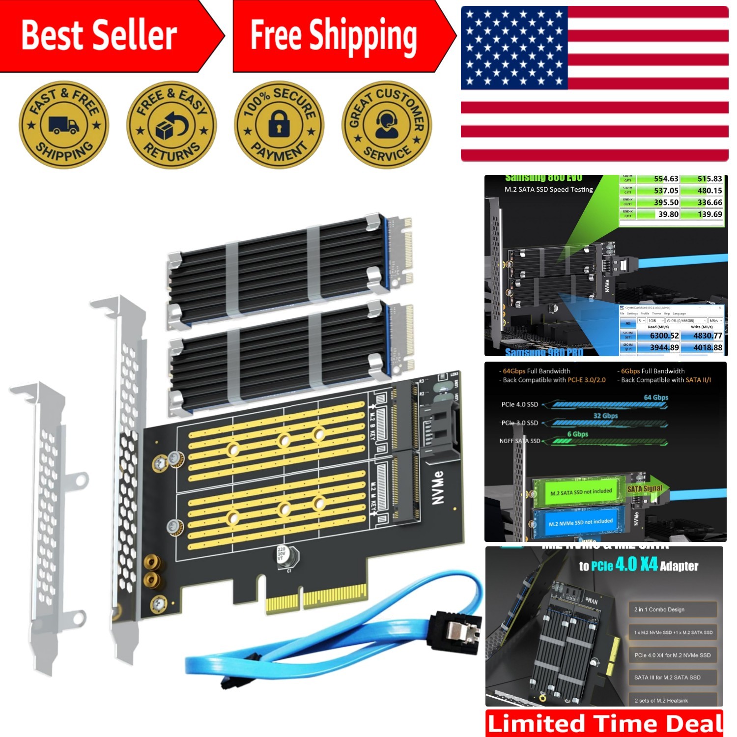 Efficient M.2 PCIe 4.0 Adapter: Supports NVMe & SATA SSDs with Heatsink Benefits