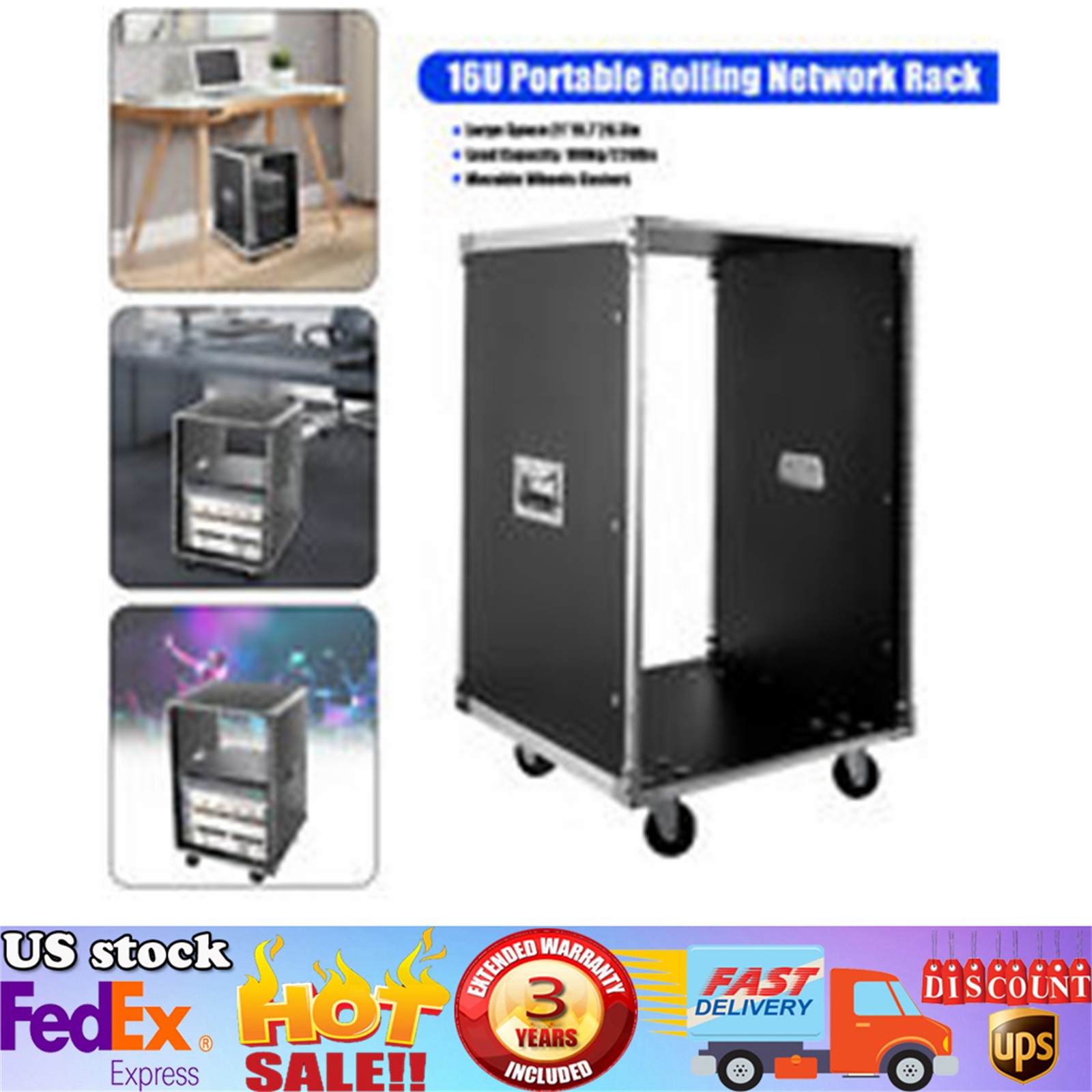 19 Inch 16U 4 Post Server Rack Open Frame Rolling Network Data Rack w/ Casters