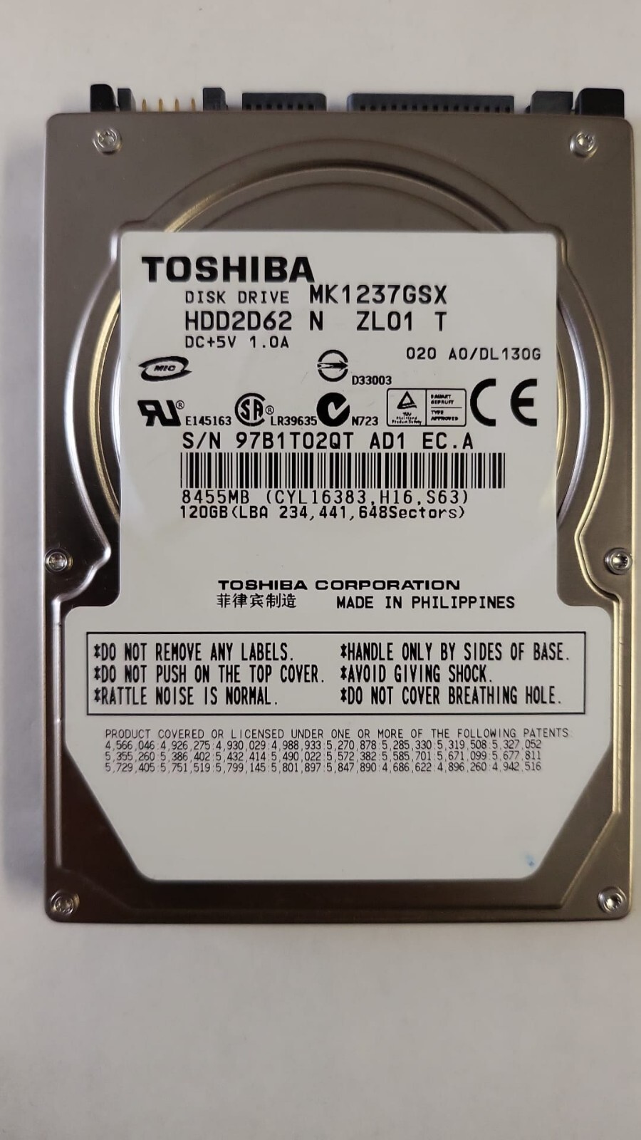 Toshiba MK1237GSX 120 GB,Internal,5400 RPM,2.5" (HDD2D62 ) Hard Drive TESTED US