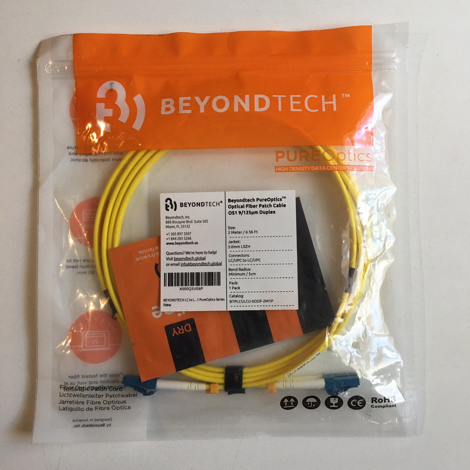 Beyondtech PureOptics Optical Fiber Patch Cable 2 Meter /6.56 Ft