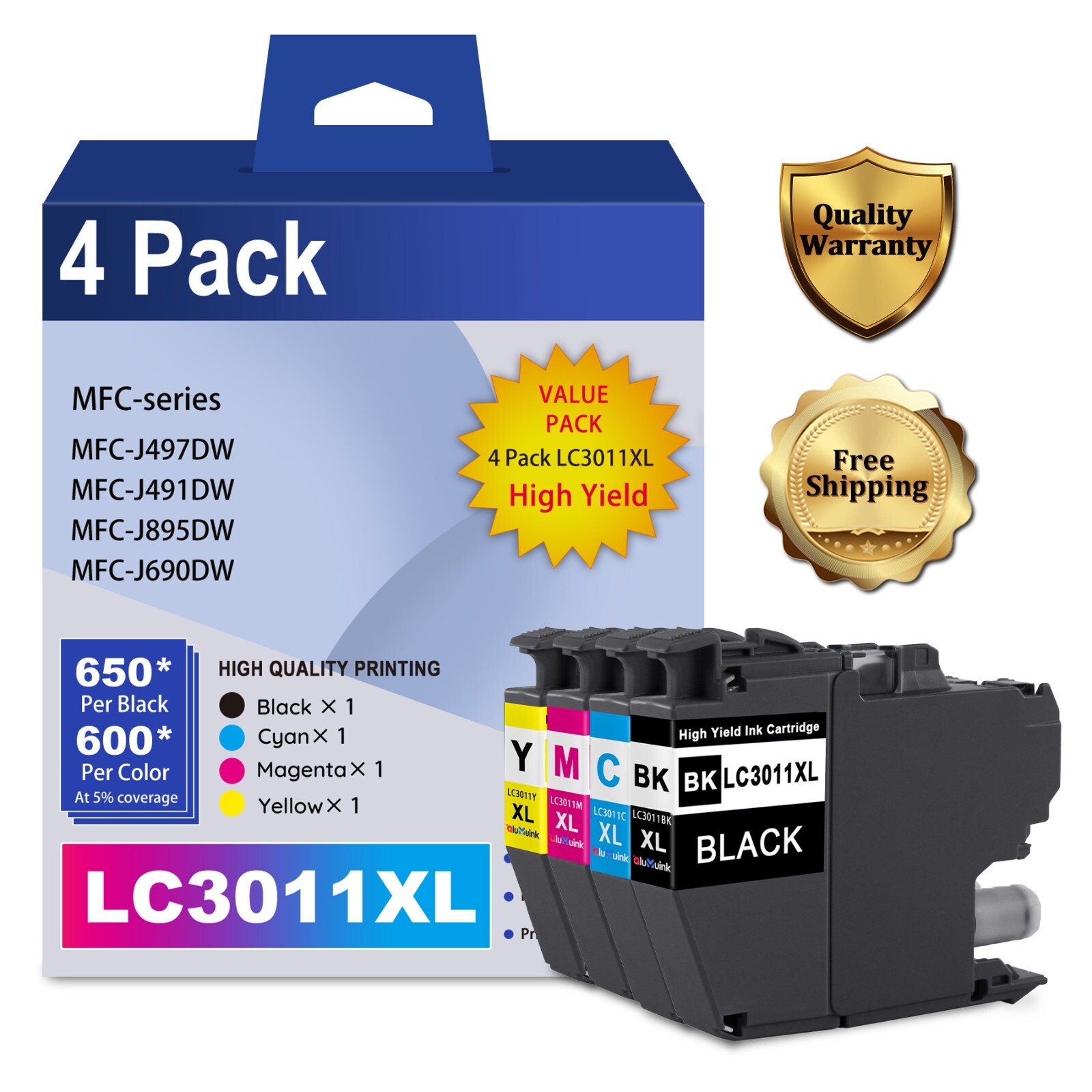 High Yield LC3011XL Ink 4PK for Brother MFC-J497DW J491DW J895DW J690DW