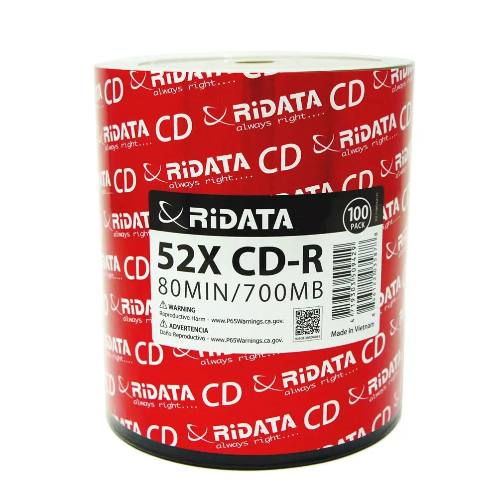 100 RITEK RIDATA 52X Blank CD-R CDR Branded Logo 700MB Recordable Media Disc