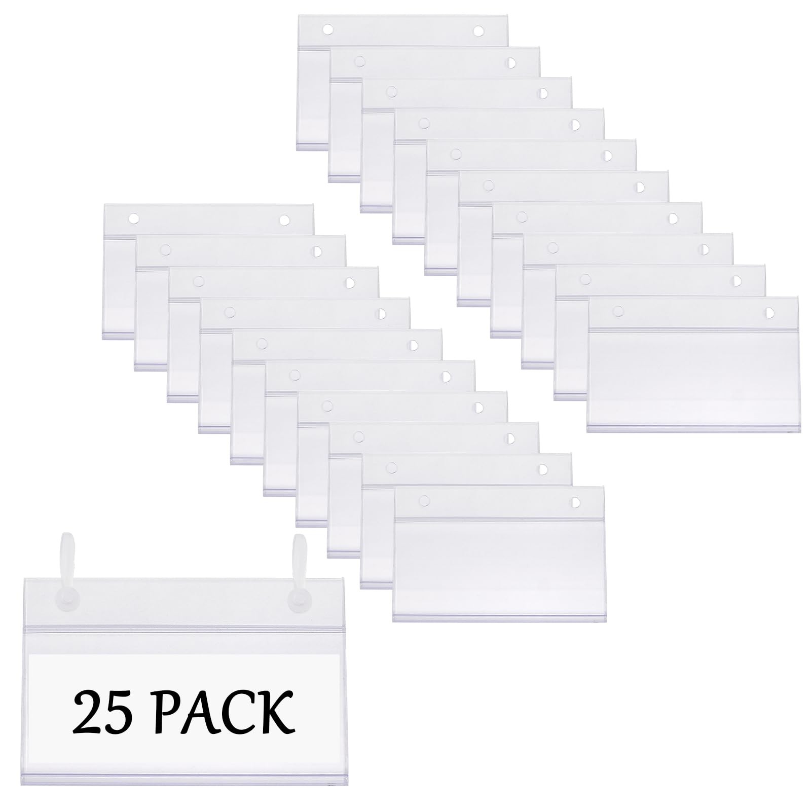 25 PCS Clear Plastic Wire Shelf Basket Label Holders Snap Lock Button