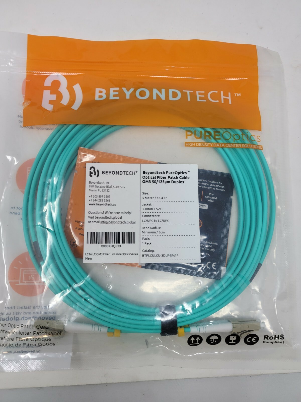 BeyondTech 5 Meter 3.0mm LC/UPC to LC/UPC PureOptics Optical Fiber Patch Cable 
